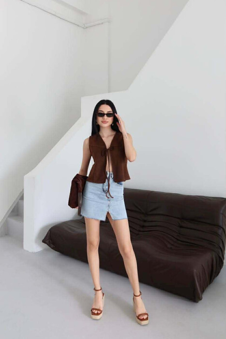 ONE COLOR SHORT DENIM WOMAN SKIRT LIGHTBLUE/BZ - 7