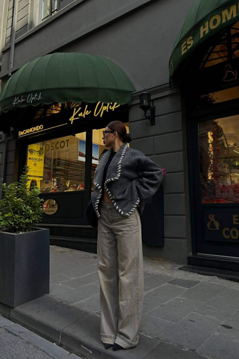 ONE COLOR SHORT SIMPLE WOMEN COAT DARK GREY/GEE - 2