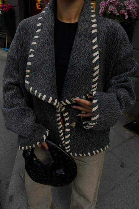 ONE COLOR SHORT SIMPLE WOMEN COAT DARK GREY/GEE - 3