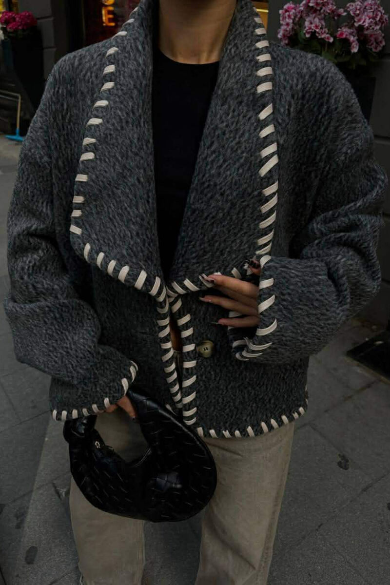 ONE COLOR SHORT SIMPLE WOMEN COAT DARK GREY/GEE - 3