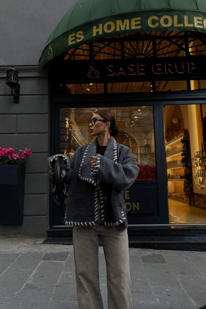 ONE COLOR SHORT SIMPLE WOMEN COAT DARK GREY/GEE - 4