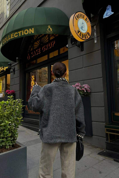 ONE COLOR SHORT SIMPLE WOMEN COAT DARK GREY/GEE - 5