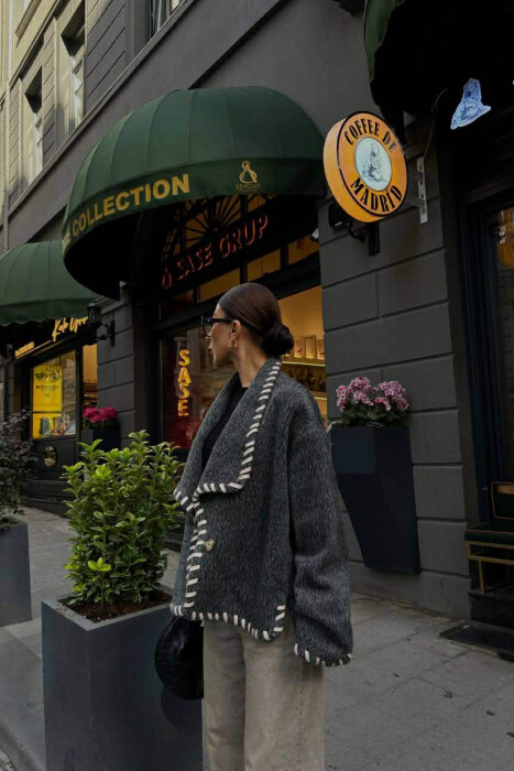 ONE COLOR SHORT SIMPLE WOMEN COAT DARK GREY/GEE - 6