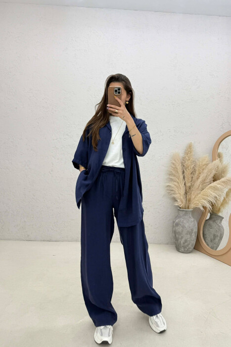 ONE COLOR SHORT SLEEVE SHIRT + TROUSERS WOMAN SET DARK BLUE/BEE 
