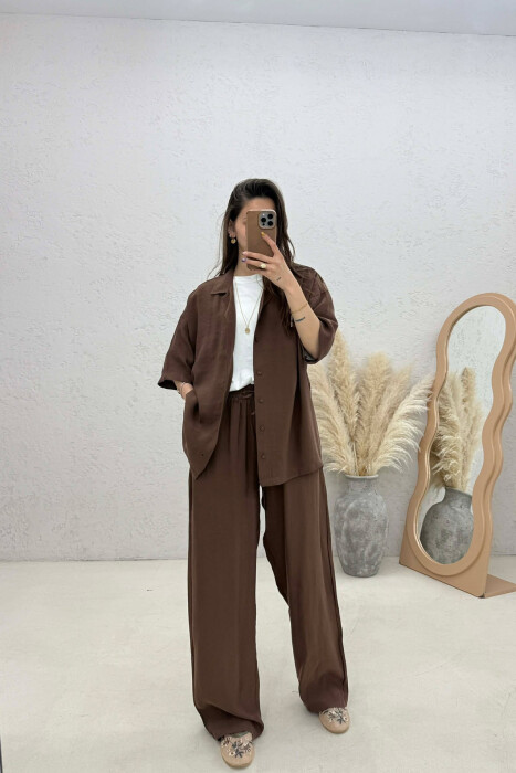 ONE COLOR SHORT SLEEVE SHIRT + TROUSERS WOMAN SET DARK BROWN/KAE 