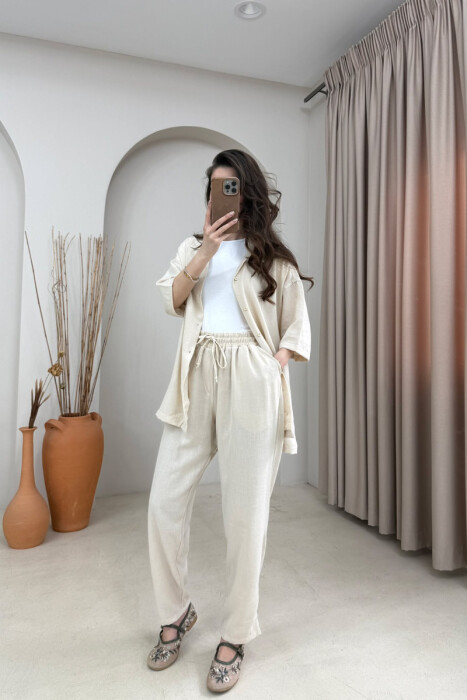 ONE COLOR SHORT SLEEVE SHIRT+ TROUSERS WOMEN SET BEIGE/BEZHE 