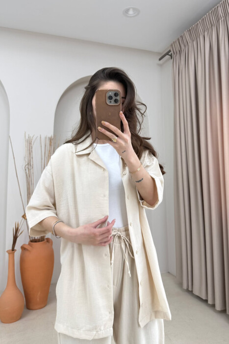 ONE COLOR SHORT SLEEVE SHIRT+ TROUSERS WOMEN SET BEIGE/BEZHE - 2