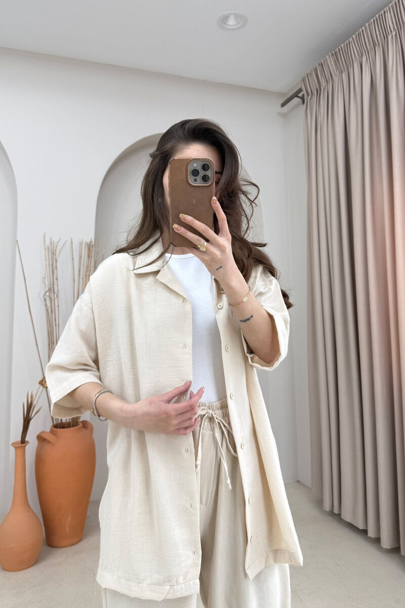 ONE COLOR SHORT SLEEVE SHIRT+ TROUSERS WOMEN SET BEIGE/BEZHE - 2