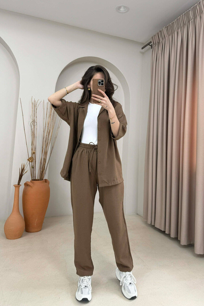 ONE COLOR SHORT SLEEVE SHIRT+ TROUSERS WOMEN SET BROWN/KAFE - 1