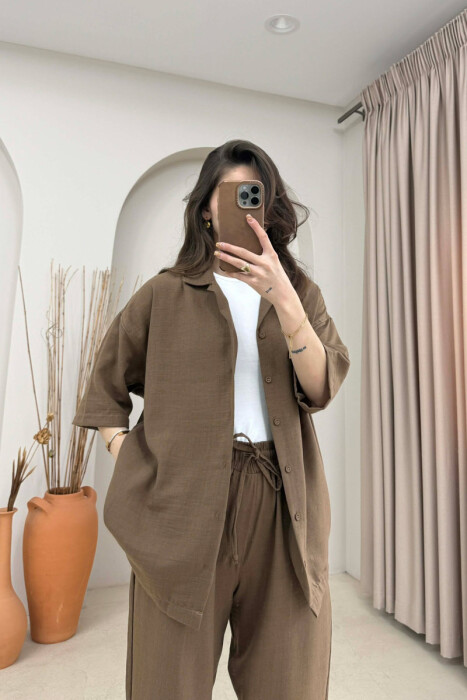 ONE COLOR SHORT SLEEVE SHIRT+ TROUSERS WOMEN SET BROWN/KAFE - 2