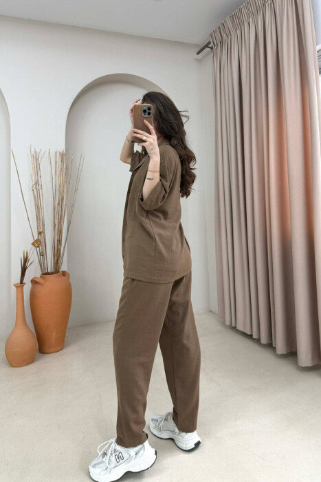 ONE COLOR SHORT SLEEVE SHIRT+ TROUSERS WOMEN SET BROWN/KAFE - 4