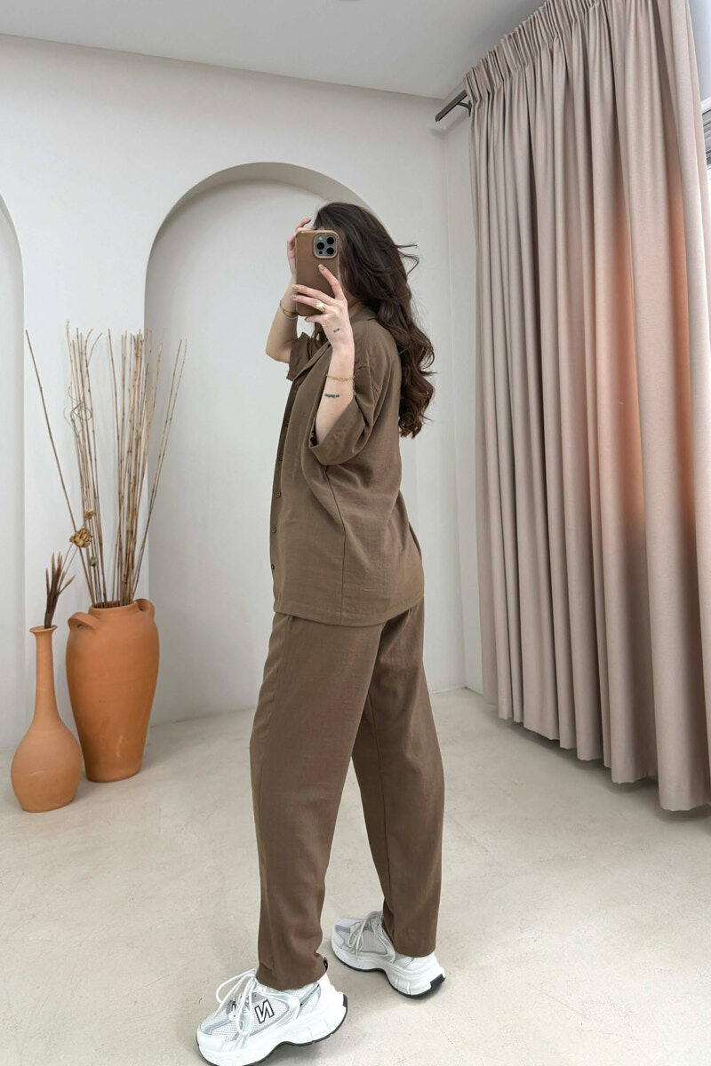 ONE COLOR SHORT SLEEVE SHIRT+ TROUSERS WOMEN SET BROWN/KAFE - 4
