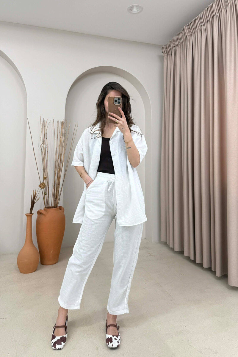 ONE COLOR SHORT SLEEVE SHIRT+ TROUSERS WOMEN SET WHITE-E BARDHE - 1