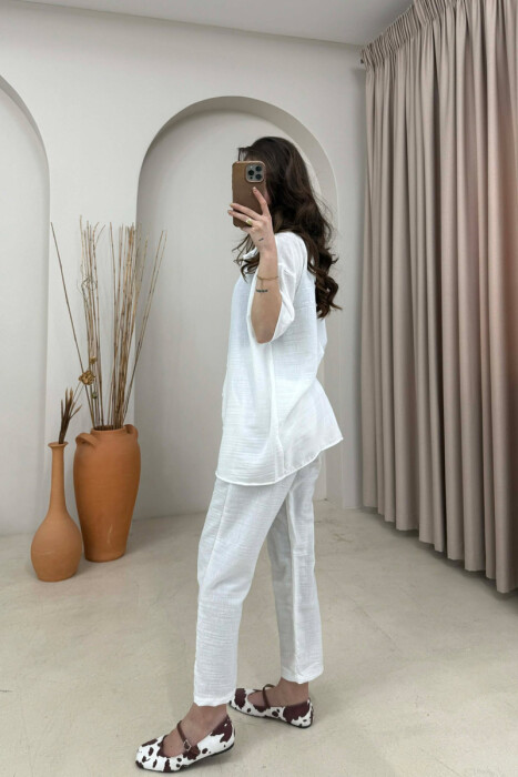 ONE COLOR SHORT SLEEVE SHIRT+ TROUSERS WOMEN SET WHITE-E BARDHE - 4