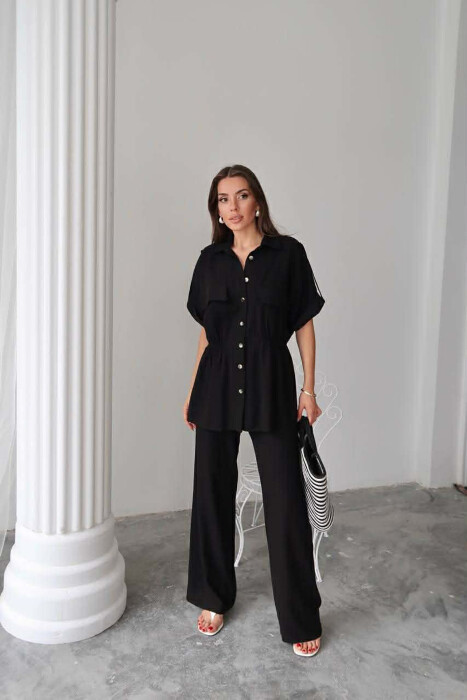 ONE COLOR SHORT SLEEVE SHIRT+TROUSERS WOMEN SET BLACK/ E ZEZE 