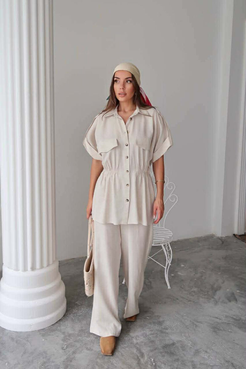 ONE COLOR SHORT SLEEVE SHIRT+TROUSERS WOMEN SET CREAM/KREM - 1