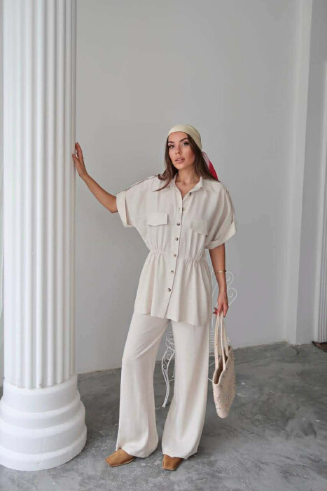 ONE COLOR SHORT SLEEVE SHIRT+TROUSERS WOMEN SET CREAM/KREM - 2