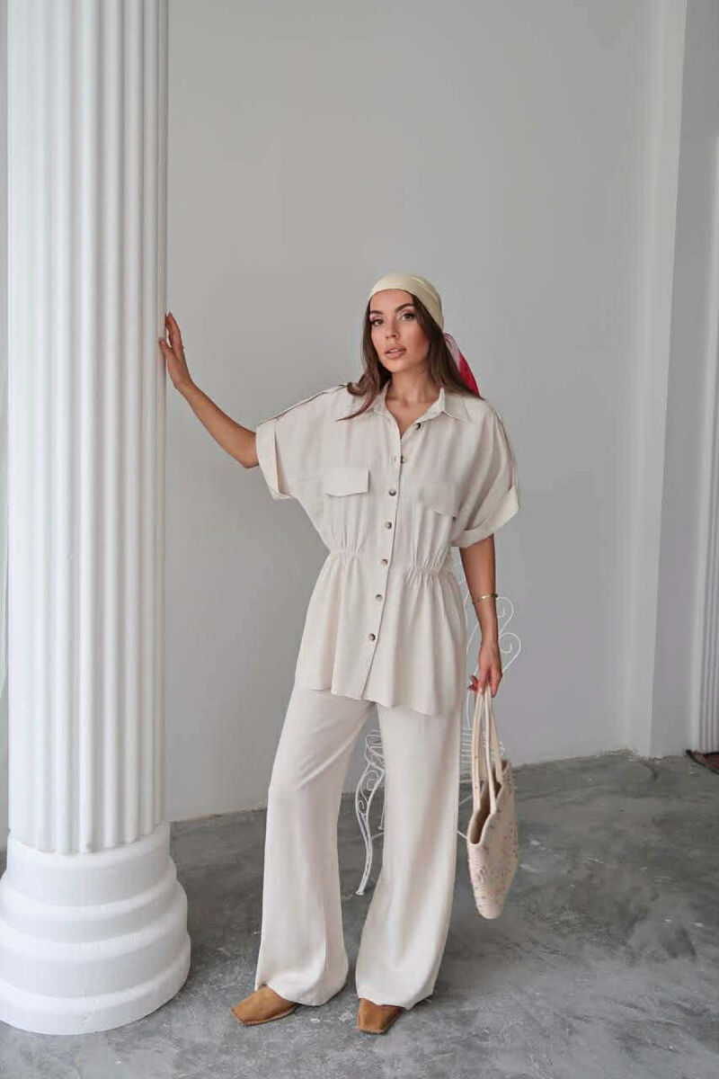 ONE COLOR SHORT SLEEVE SHIRT+TROUSERS WOMEN SET CREAM/KREM - 2