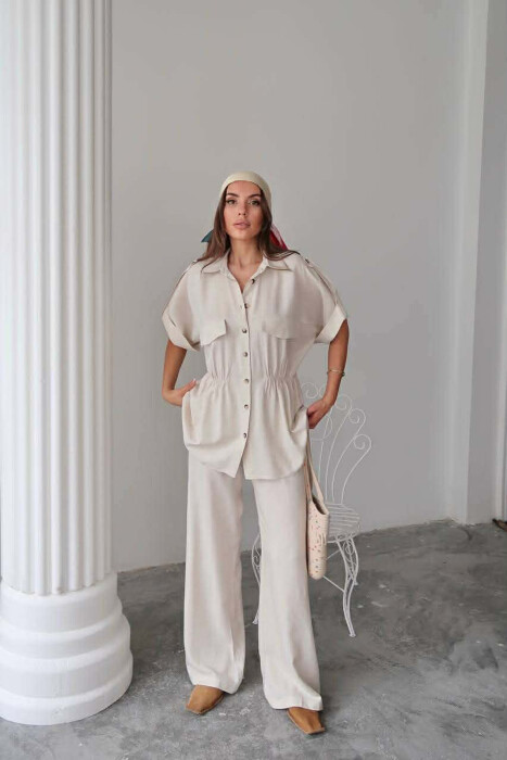 ONE COLOR SHORT SLEEVE SHIRT+TROUSERS WOMEN SET CREAM/KREM - 3