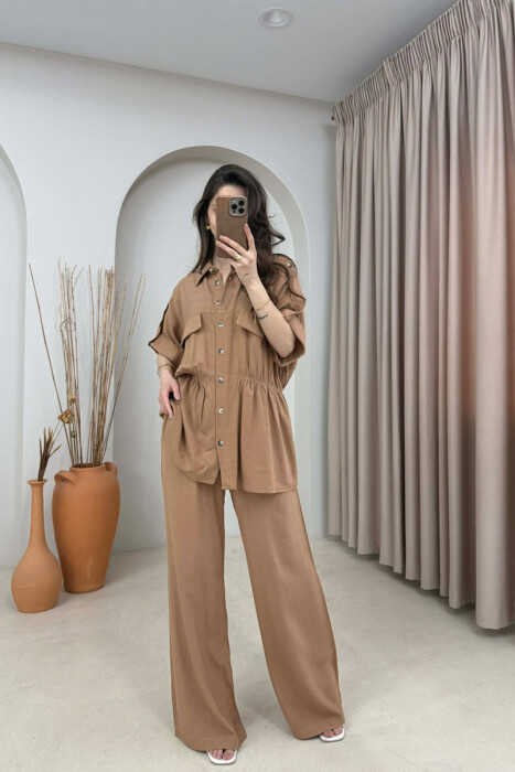 SET NJE NGJYRESH KEMISHE ME MENGE TE SHKURTRA + PANTALLONA PER FEMRA NE NGJYRE KAFE TE ZBARDHUR - KLAUDIO FASHION