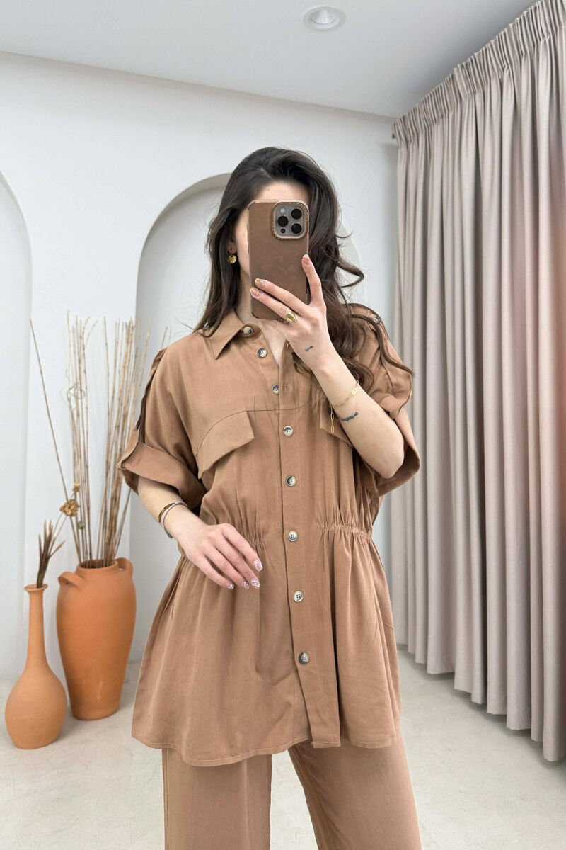 ONE COLOR SHORT SLEEVE SHIRT+TROUSERS WOMEN SET LIGHT BROWN/KAZB - 3