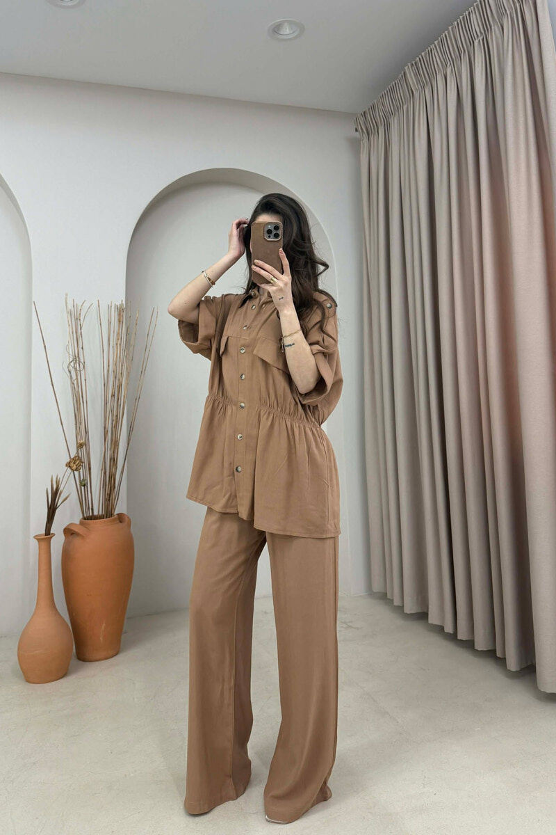 ONE COLOR SHORT SLEEVE SHIRT+TROUSERS WOMEN SET LIGHT BROWN/KAZB - 2
