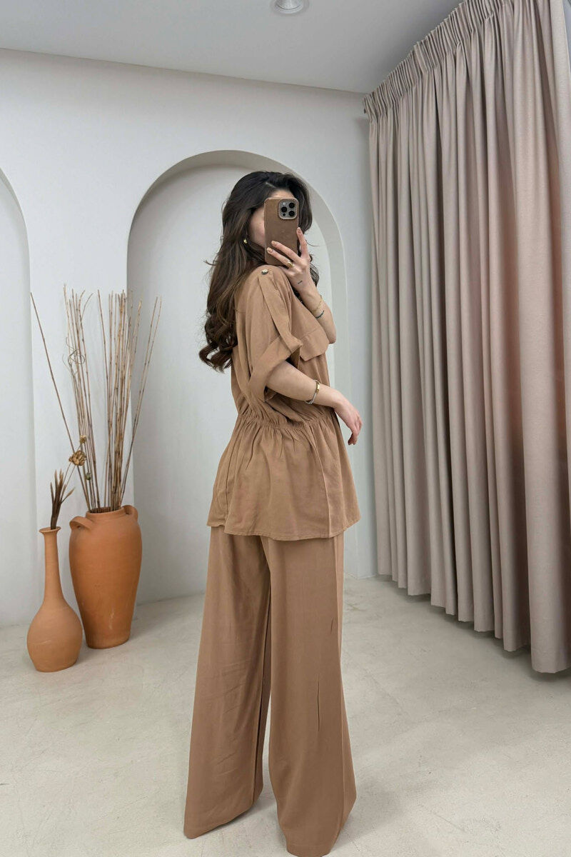 ONE COLOR SHORT SLEEVE SHIRT+TROUSERS WOMEN SET LIGHT BROWN/KAZB - 5