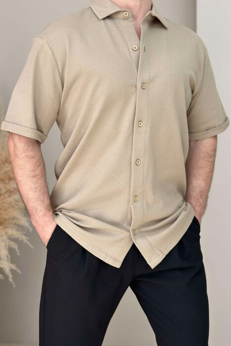 ONE COLOR SHORT SLEEVE SIMPLE MEN SHIRT BEIGE/BEZHE - 5