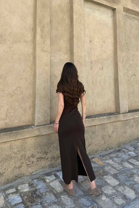 ONE COLOR SHORT SLEEVE WOMAN DRESS DARK BROWN/KAE - 2