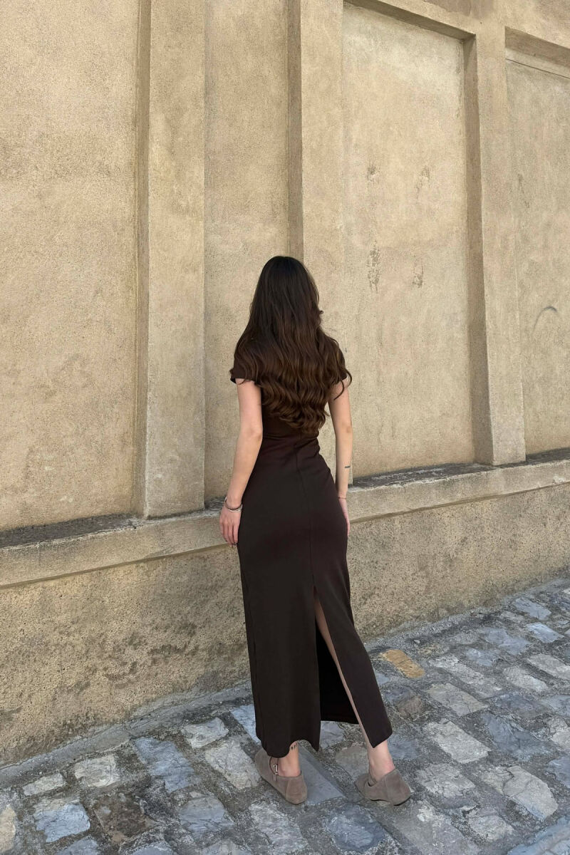 ONE COLOR SHORT SLEEVE WOMAN DRESS DARK BROWN/KAE - 2