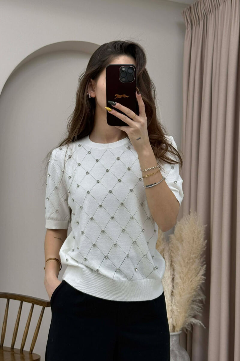 ONE COLOR SHORT SLEEVE WOMEN SWEATER WHITE-E BARDHE - 3