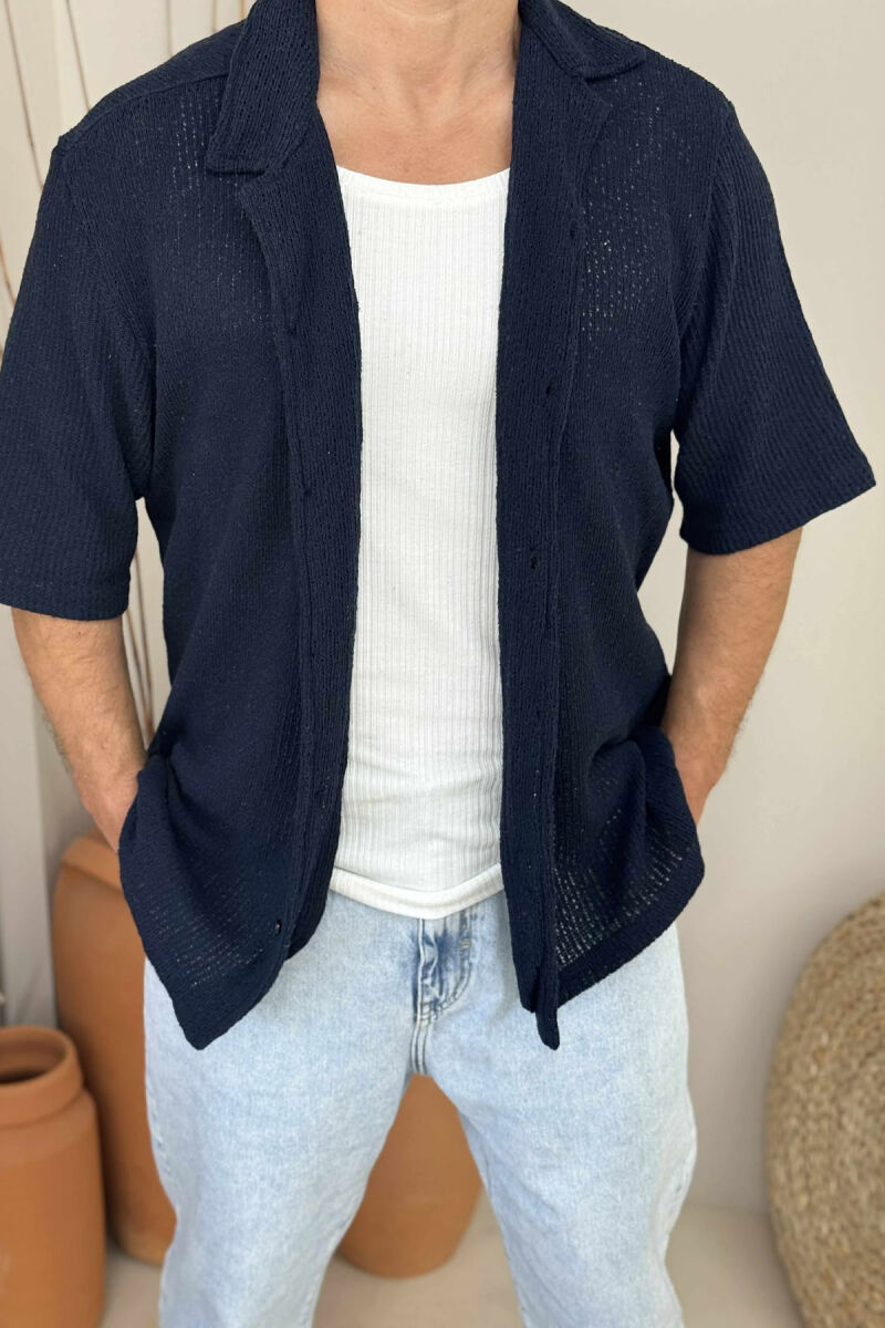 ONE COLOR SHORT SLEEVES MEN SHIRT DARK BLUE/BEE - 2