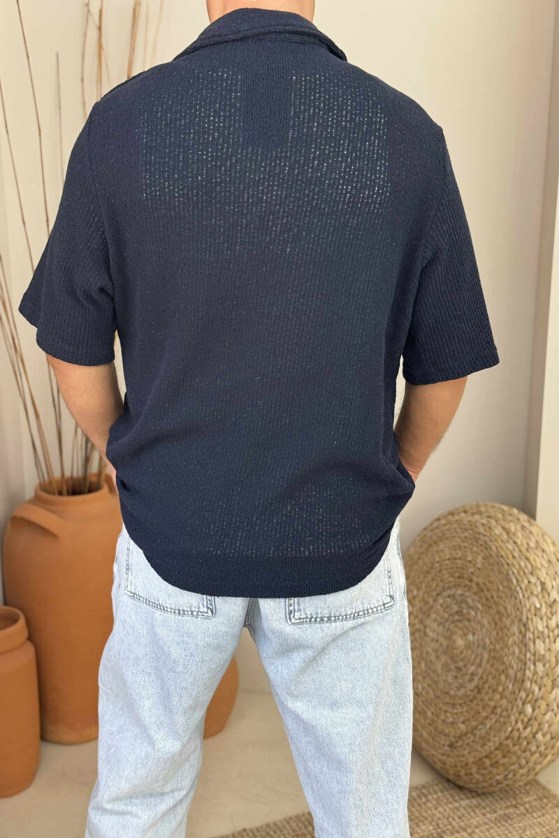 ONE COLOR SHORT SLEEVES MEN SHIRT DARK BLUE/BEE - 3