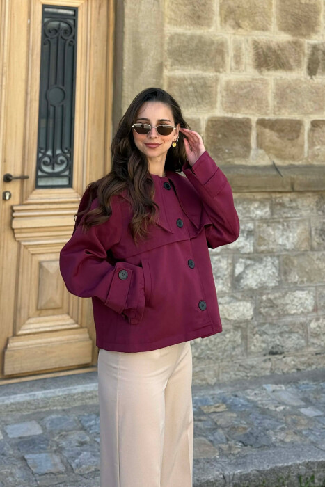 ONE COLOR SHORT TRENCH WOMEN COAT BURGUNDY/VISHNJE - KLAUDIO FASHION