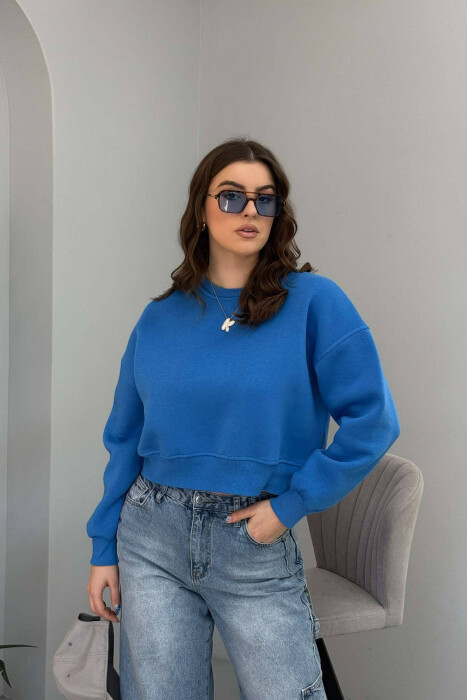 ONE COLOR SHORT WOMEN SWEATSHIRT IN LIGHT BLUE COLOR - 1