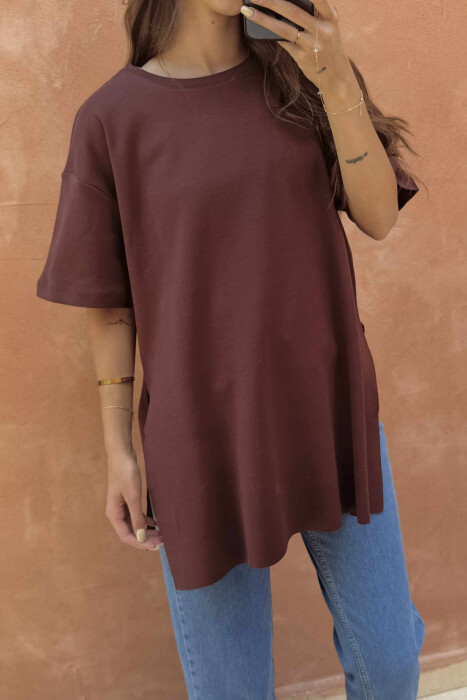 ONE COLOR SIDE CUT OFF WOMEN T-SHIRT BROWN/KAFE - 2