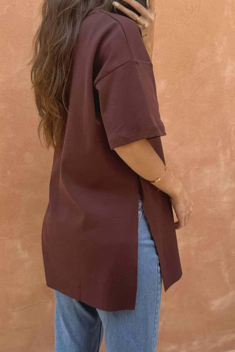 ONE COLOR SIDE CUT OFF WOMEN T-SHIRT BROWN/KAFE - 3
