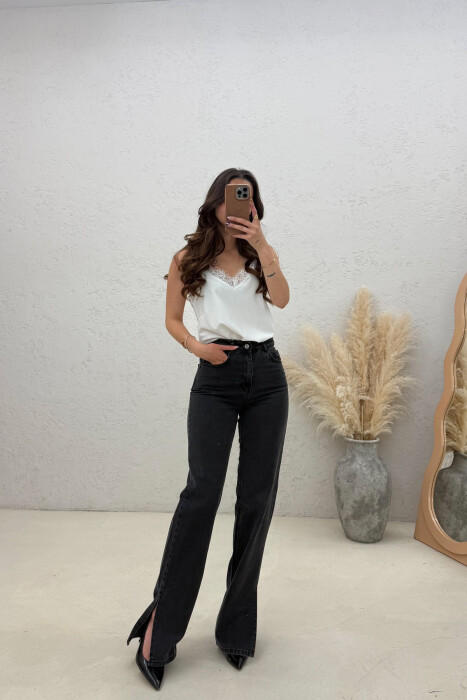 ONE COLOR SIDE CUTTED WOMAN JEANS BLACK/ E ZEZE - 1