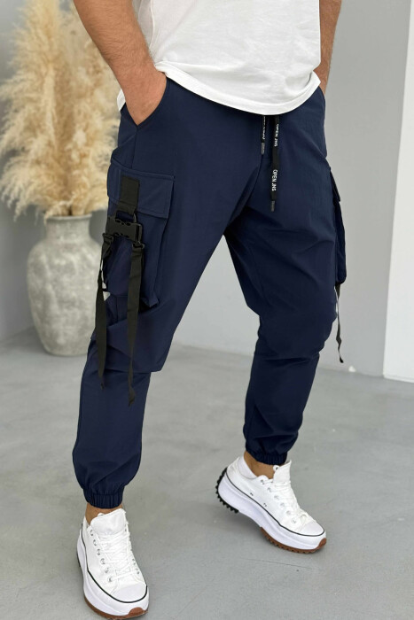 ONE COLOR SIDE POCKETS DETAILS MEN PANTS DARK BLUE/BEE - 3