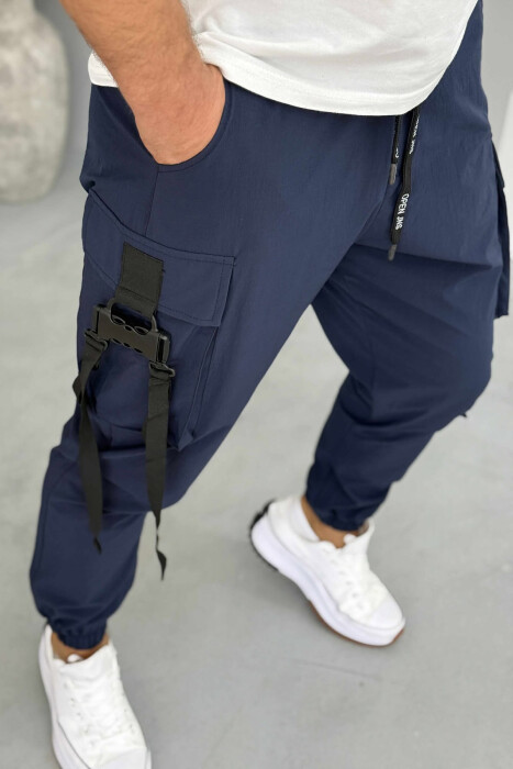 ONE COLOR SIDE POCKETS DETAILS MEN PANTS DARK BLUE/BEE - 4