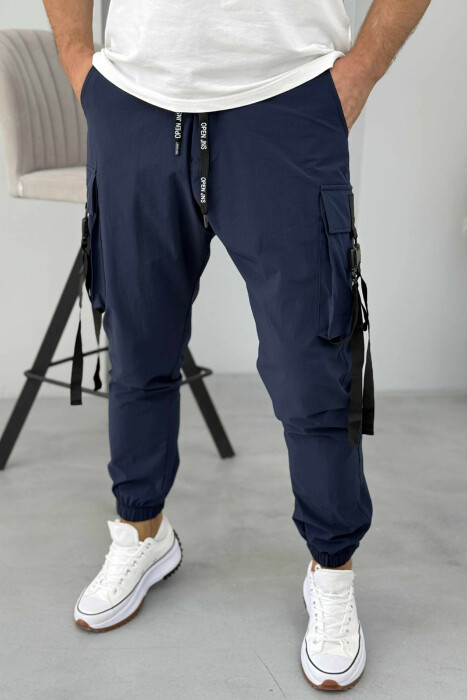 ONE COLOR SIDE POCKETS DETAILS MEN PANTS DARK BLUE/BEE - 5