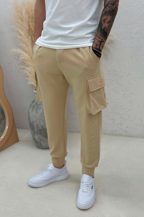 ONE COLOR SIDE POCKETS SIMPLE MEN JOGGERS BEIGE/BEZHE - 4
