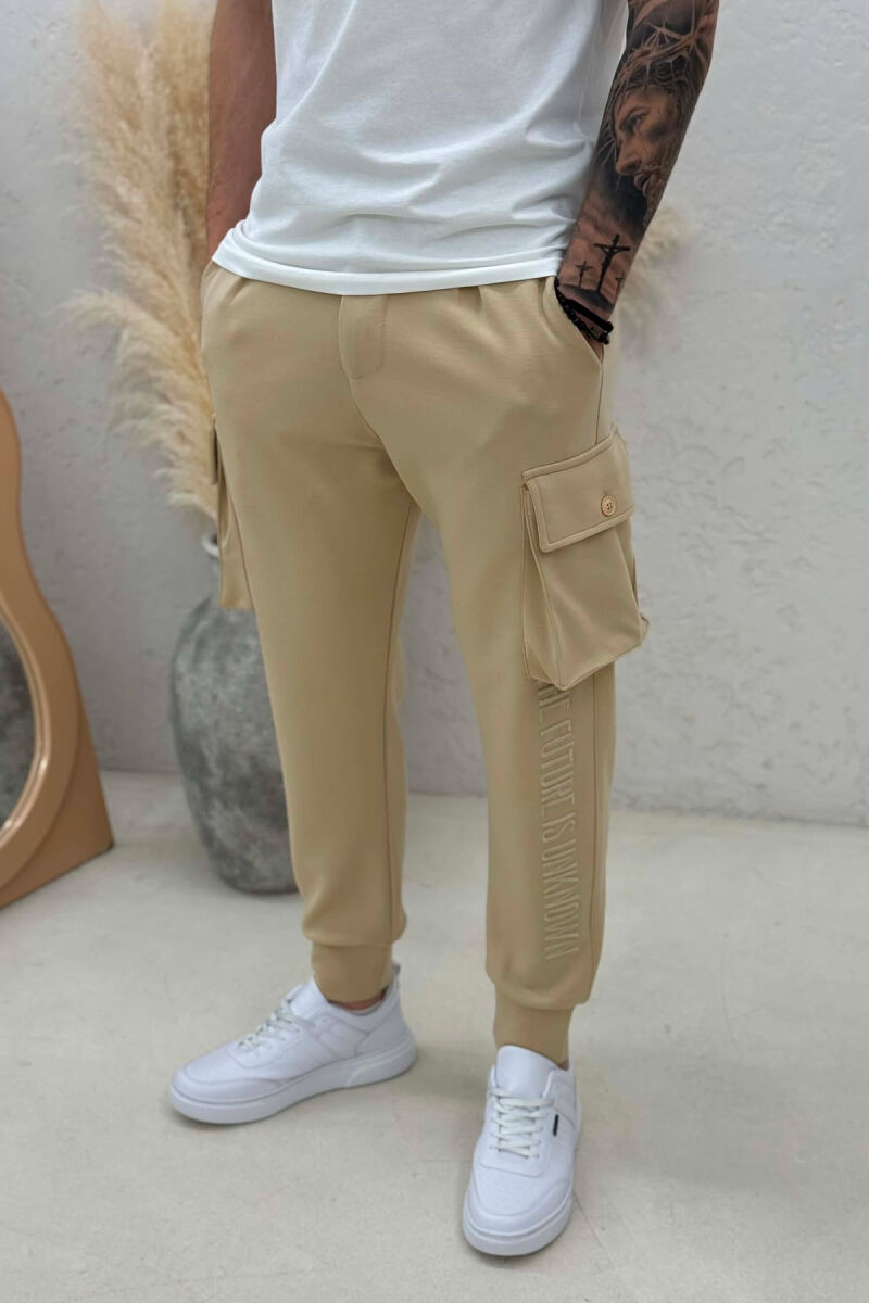ONE COLOR SIDE POCKETS SIMPLE MEN JOGGERS BEIGE/BEZHE - 4