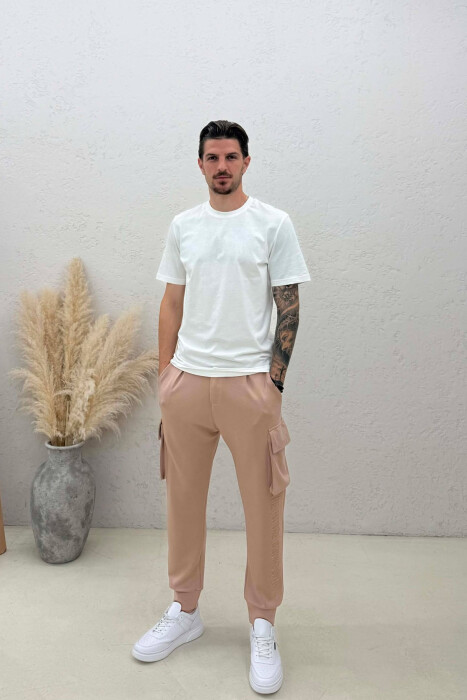 ONE COLOR SIDE POCKETS SIMPLE MEN JOGGERS LIGHT BROWN/KAZB - 1