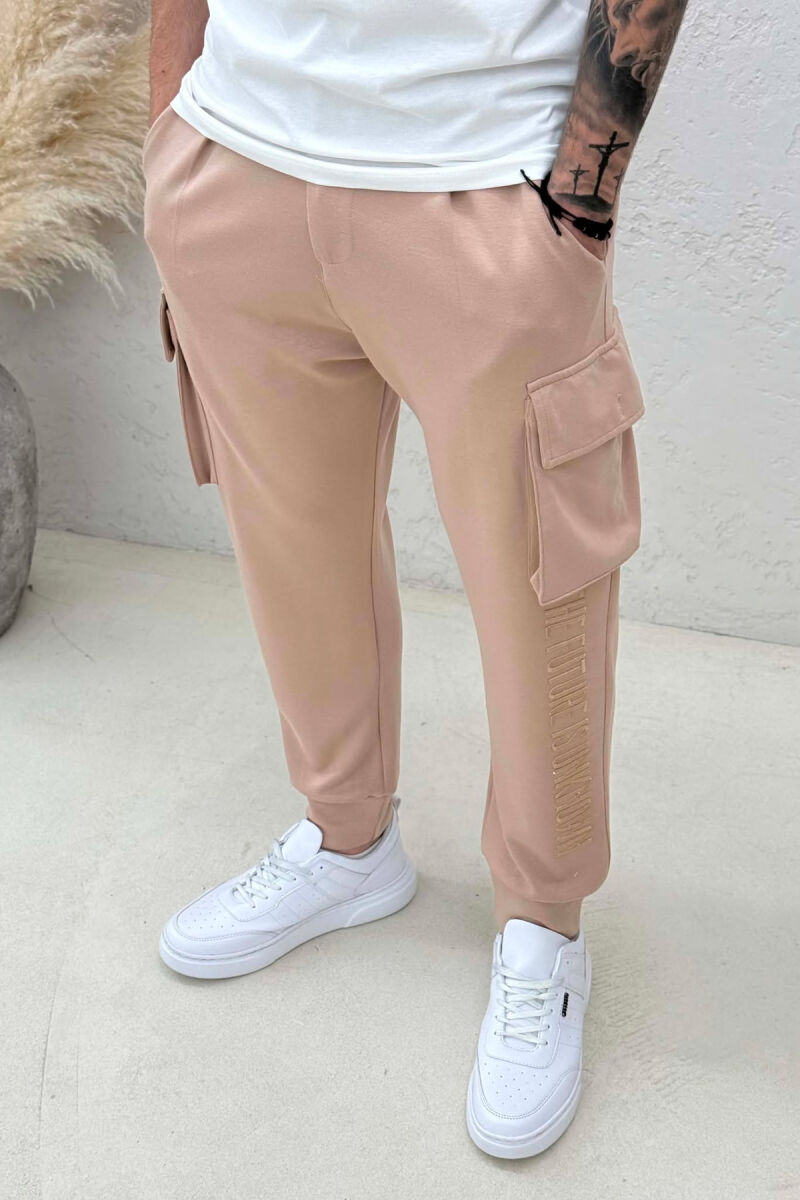ONE COLOR SIDE POCKETS SIMPLE MEN JOGGERS LIGHT BROWN/KAZB - 4