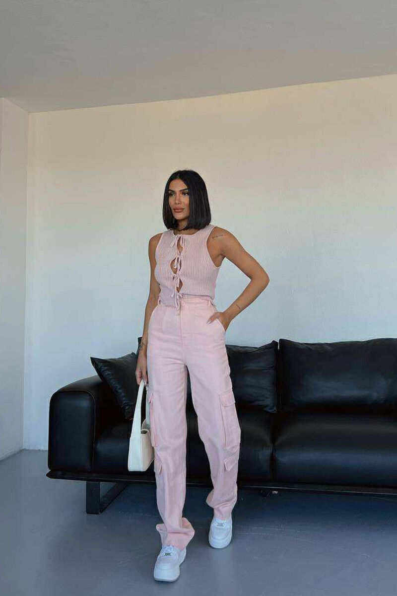 ONE COLOR SIDE POCKETS WOMEN TROUSERS POWDER/PUDER - 1