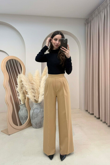 ONE COLOR SIDE ZIPPER WIDE LEG WOMAN TROUSERS BEIGE/BEZHE - KLAUDIO FASHION