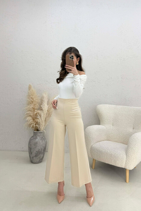 ONE COLOR SIDE ZIPPER WOMEN TROUSERS CREAM/KREM - 1