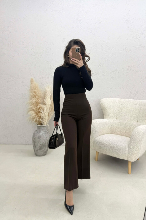 ONE COLOR SIDE ZIPPER WOMEN TROUSERS DARK BROWN/KAE - 4