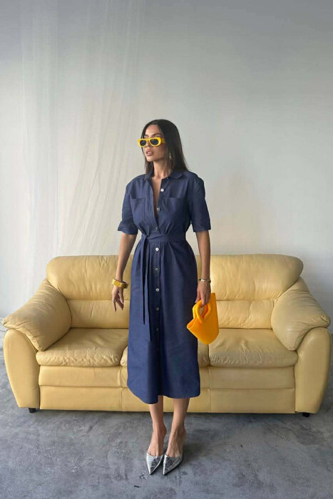 ONE COLOR SILVER BUTTON UP SHORT SLEEVE WOMEN DRESS BLUE/BLU 